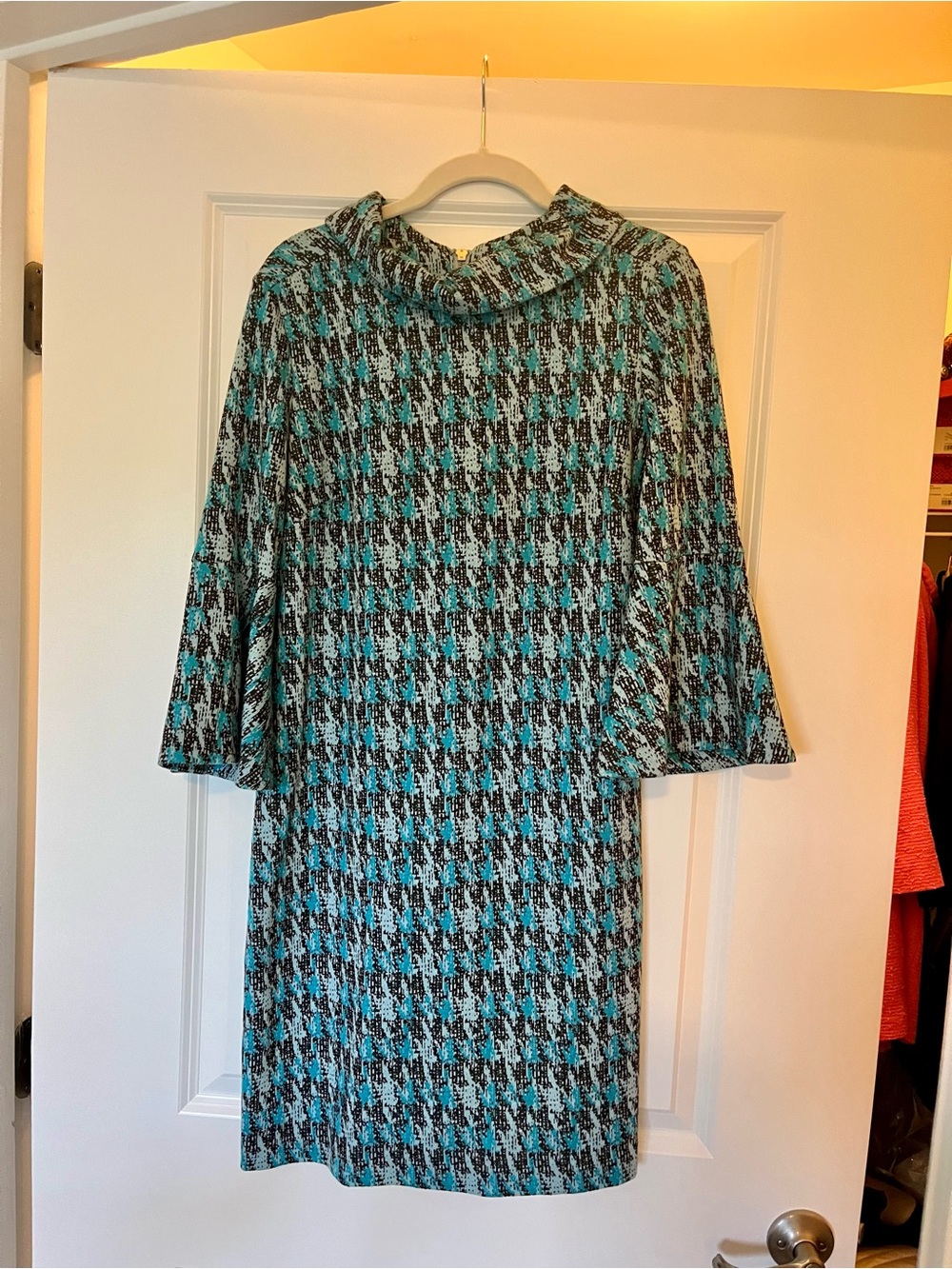 Tyler Boe Teal and Black Houndstooth Midi Dress